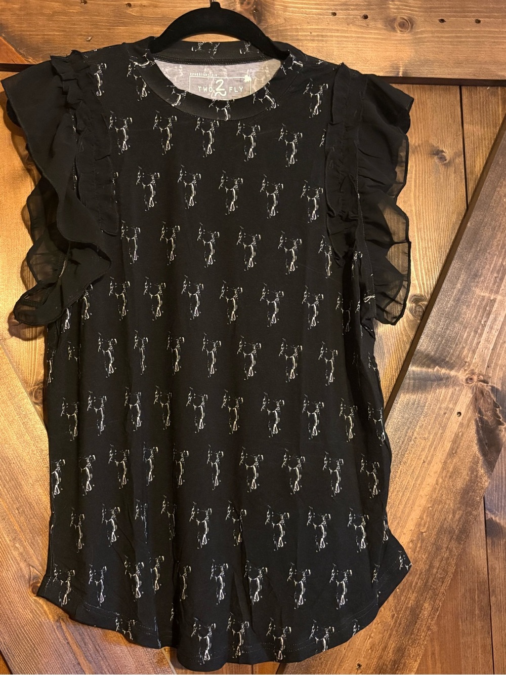 Two Fly Black Ruffle Sleeve Print Tank